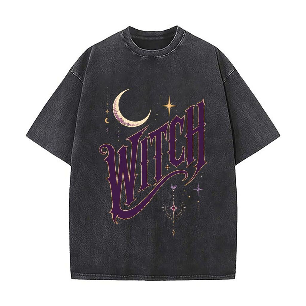 Mystic Crescent Witch Gothic Letteri Vintage Distressed Washed Cotton Short Sleeve Streetwear Outfit