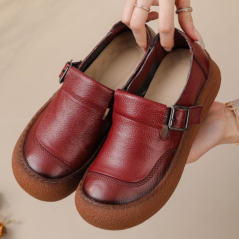 Fashion Original Natural Leather Shoes for Women Vintage Comfort Round Toe Buckl Flats Woman Slip On Orthopedic Loafers Ladies Moccasins