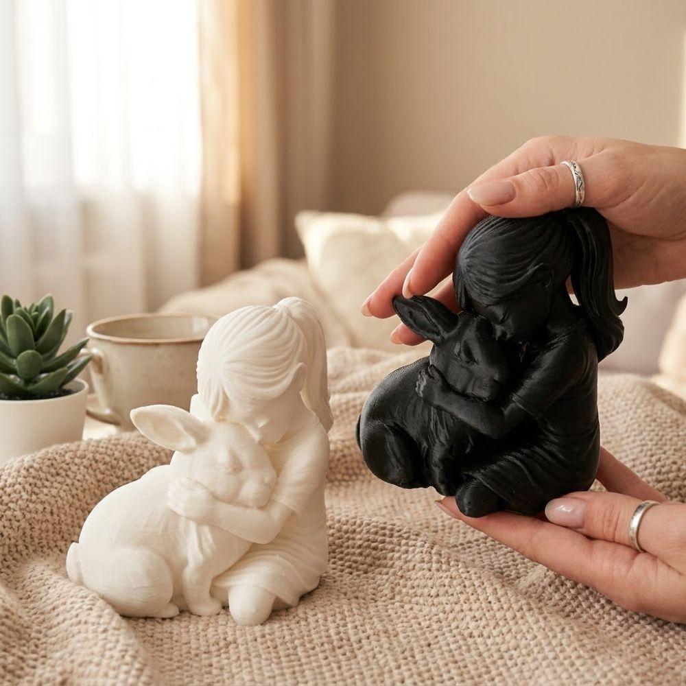 3D Printed Girl and Rabbit Sculpture Unique Modern Girl Hugs Rabbit Statue Cute Plastic Bunny Ornaments Crafts Desktop Use