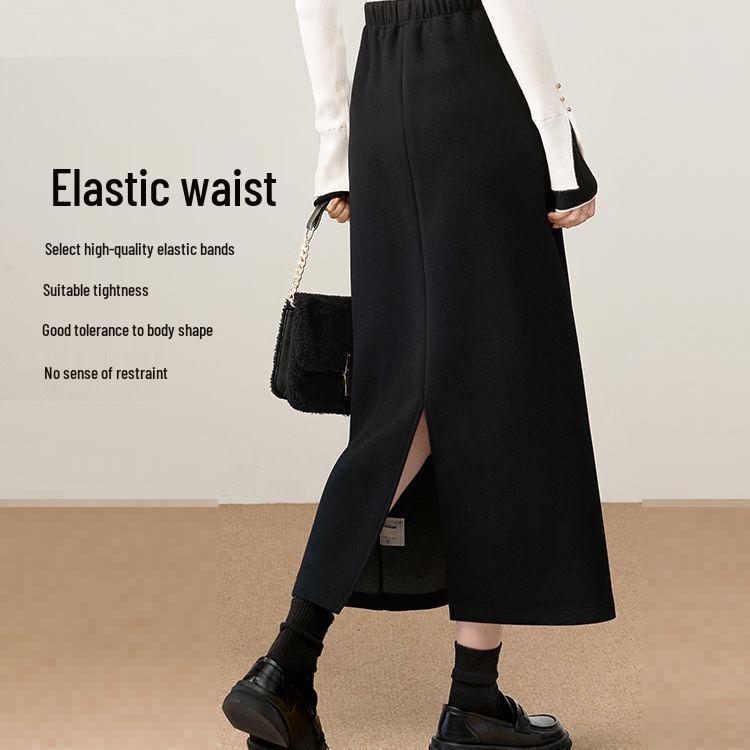 Coffee-Colored Woolen Mid-Length High-Waisted Slimming Elastic Waist Skirt - 2025 Autumn/Winter Collection