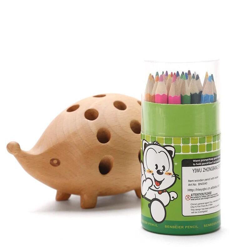 Portapenne Riccio in Legno Massiccio Artigianale Nordico Disponibile in Magazzino con Penne da 24 Colori, Ornamento Ideale per Studio e Regalo per Bambini