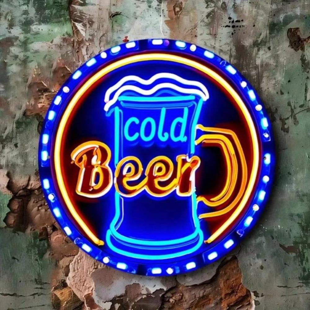 Neon Iron Wall Art Aluminum Sign Round Home Bar Decor Easy Installation