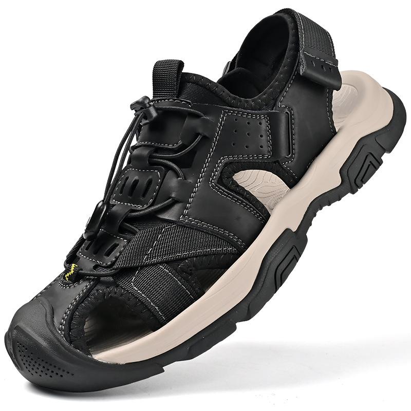 

Сандалии с закрытым носком, мужские кожаные летние дышащие полые уличные туфли, легкая непромокаемая уличная повседневная пляжная обувь 46 чёрный