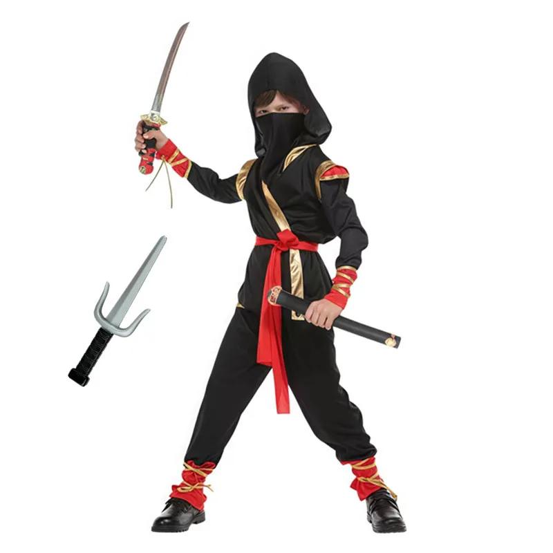3-12Y Kids Ninja Samurai Cosplay Costume with Red Sword and Fork Full Set Japanese Warrior Cosplay Halloween Dress Up Costume