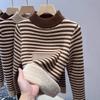Half High Neck Sweater Women's Striped Casual and Plush Thick Pullover Long Sleeved Warm and Loose Knit Sweater