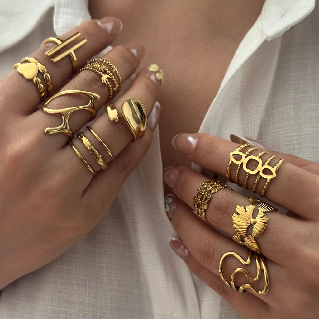 Punk Stainless Steel Irregular Plaid Metal Lava Finger Rings For Women Men Shell Sun Moon Star Heart Geometric Line Ring Jewelry