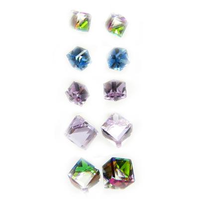 [L6301] - Set of 5 Pairs of Green Blue Purple 'Crystal Cubes' Earrings