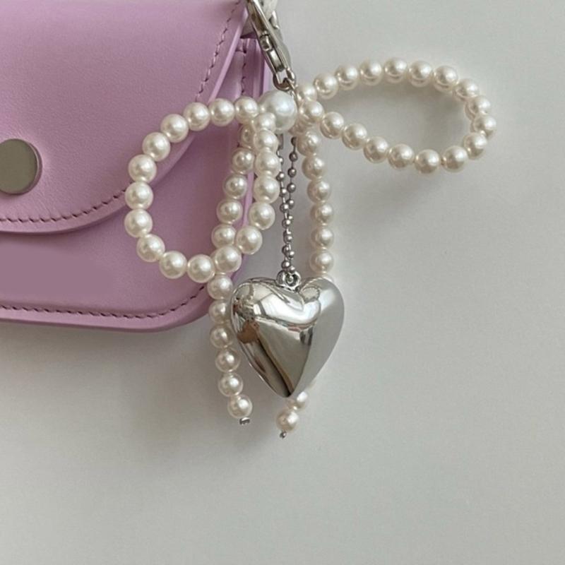 Chic Imitation Pearl Keychain Handmade Bow Shaped Keyring Heart Pendant Keyrings