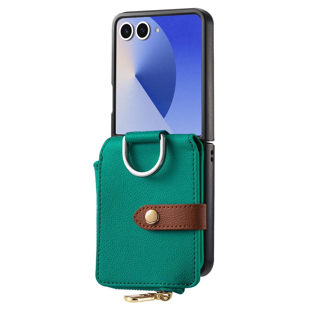 For Samsung Galaxy Z Flip7 5G Case Zipper Pocket Leather + PC Phone Cover with Ring Holder