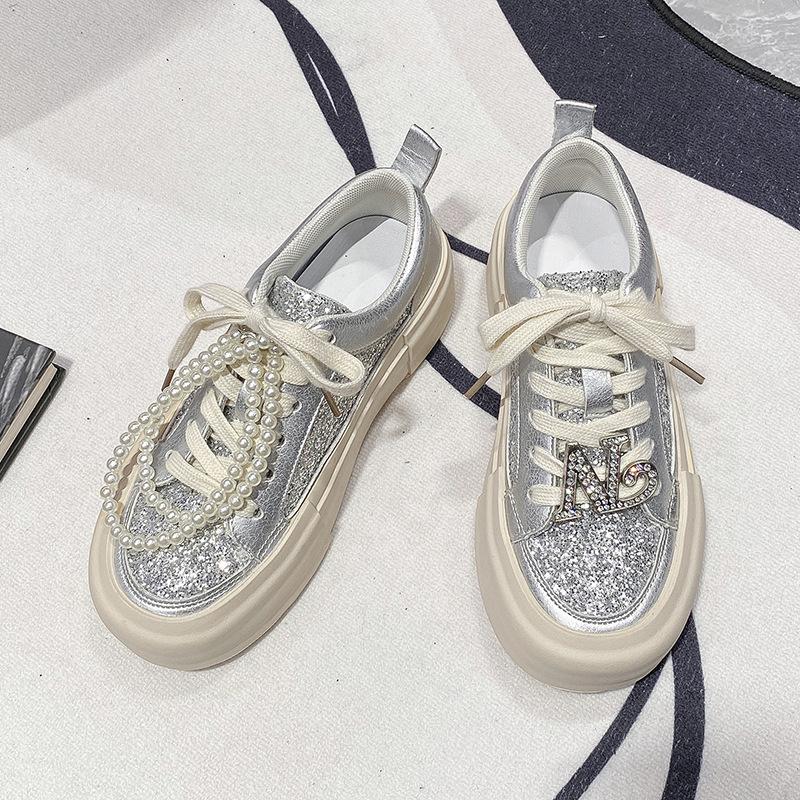 Platform-soled Fashion Board Shoes Women's 2025 New Spring and Autumn Models Versatile Rhinestone Silver Sports and Leisure Shoes Trend