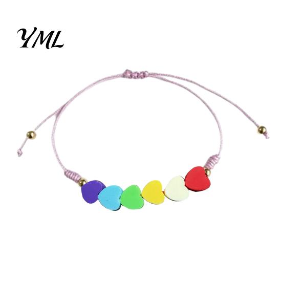 Handwoven Macaron Bead Jewelry Colorful Hearts Bracelet, Handmade Braided Cord String Adjustable Heart Shaped Clay Beads for Women Girls Stretchable