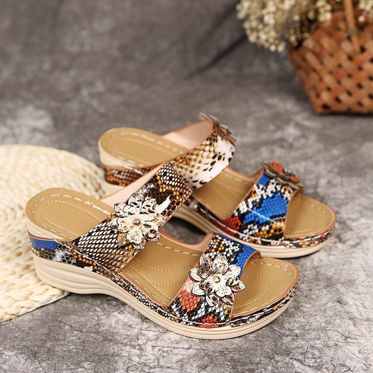 Foreign Trade Large Size Women's Shoes Retro Beach Wedge Sandals Summer Sandals Leopard Print Platform Fish Mouth Slippers Spot
