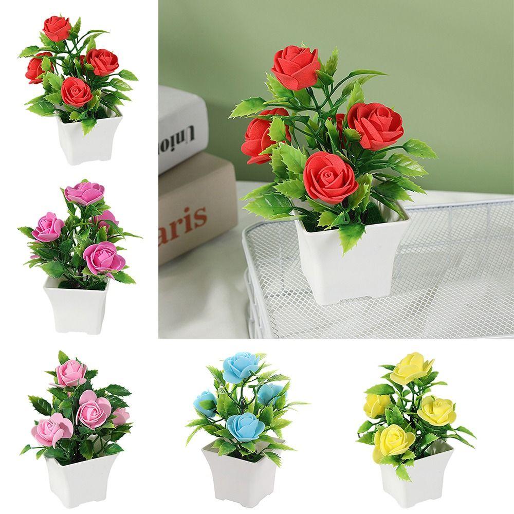Minilandschaft Künstliche Rose Topfpflanze mit Töpfen Künstlicher Rosen-Bonsai Deko-Set Außendekor