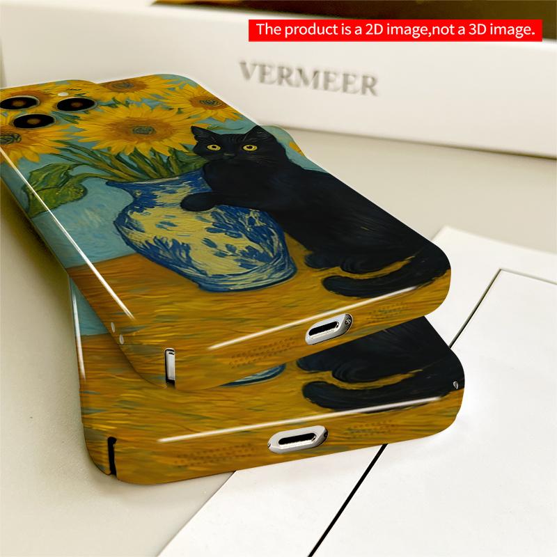 2DFlat Sunflowers and Black Cat Art All inclusive film hard iPhone case, compatible with iPhone 18 Pro Max 17 16 15 14 13 12 11