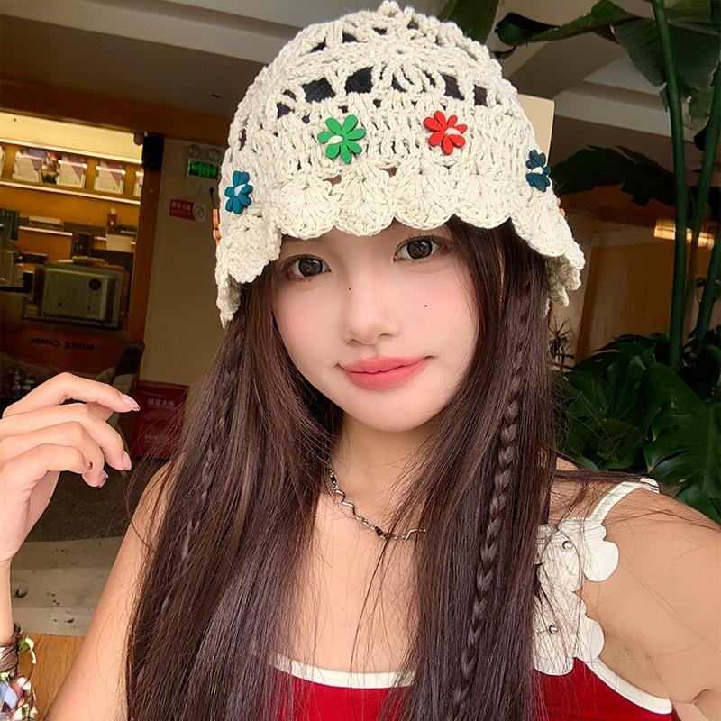 Hand Crocheted Flower Knitted Hat Children's Autumn Face Small Versatile Wool Hat Big Head Circumference Hollow Hat