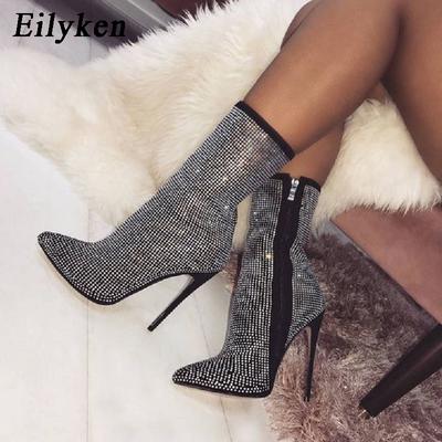 Botines de talla grande 35-42 para mujer, zapatos de tacón alto con diamantes de imitación y cremallera, botines sexis de motocicleta con punta estrecha para mujer