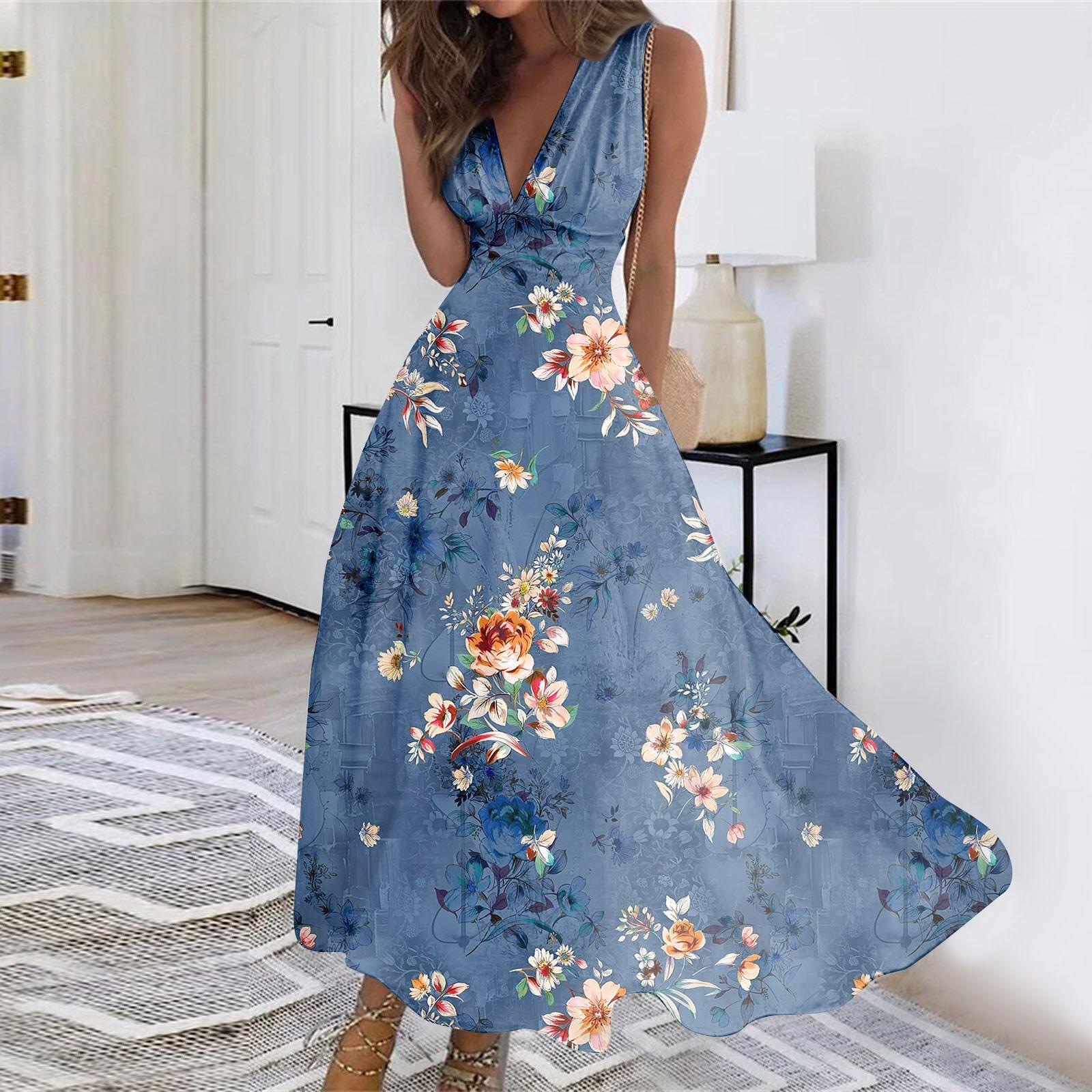 

Женское длинное платье Платье макси Повседневное платье Летнее повседневное платье без рукавов с v-образным вырезом в стиле бохо с талией и принтом XXXL зелёный