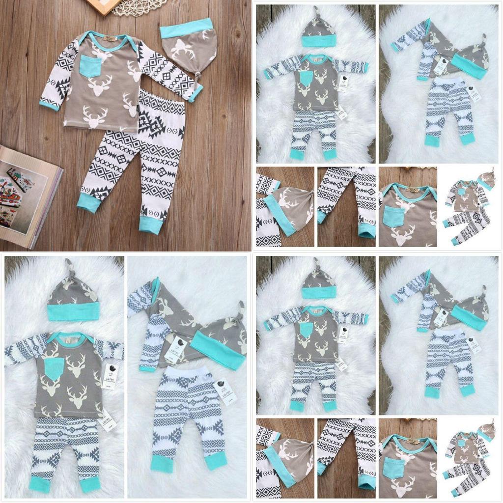Adorabile Set di 3 Pezzi per Neonato e Bambino Maschio Cervo T-shirt Pantaloni Cappello
