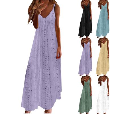 Women's Hollowed Out Vacation Style Long Dress Solid Color Sleeveless Suspender V-neck Dress