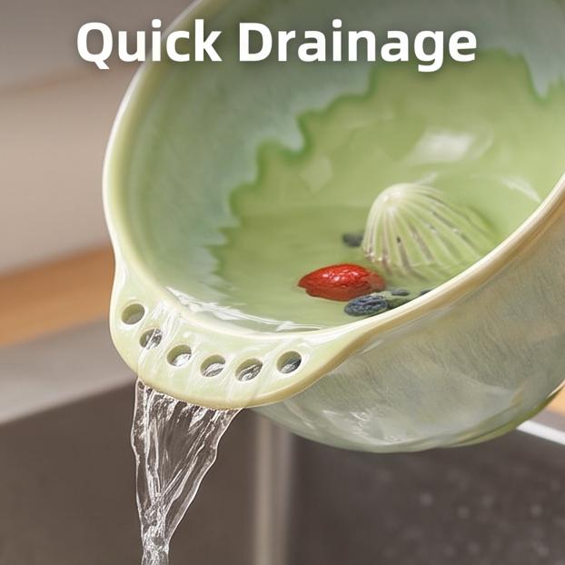 Ceramic Berry Bowl - Self Spinning Vortex Fruit Washer with Quick Drain Smooth Glaze Produce Rinser for Strawberries Blueberries Grapes Kitchen