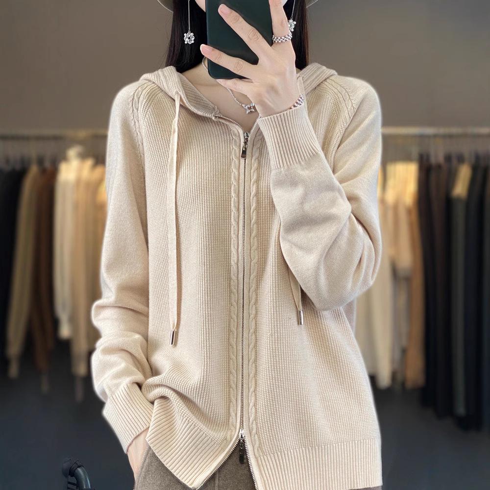 

Женский трикотажный кардиган с капюшоном на молнии премиум-класса: Универсальный свободный крой для весны и осени XXL (135-150 jin)