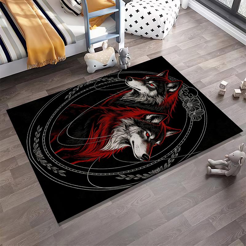 Stylish Black Carpet with Red and White Wolf Design, Artistic Look Suitable for Use As an Anti-slip for Living Room Bedroom Sofas