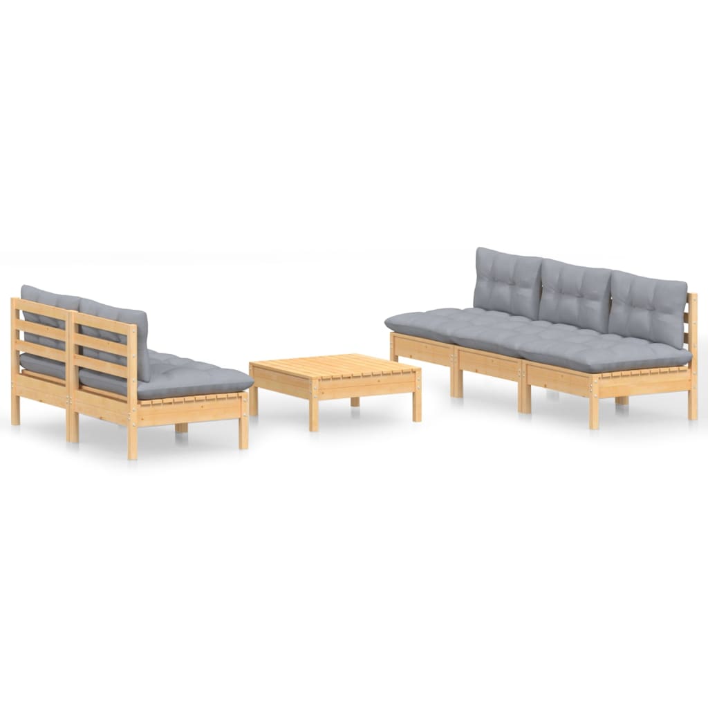 6 Piece Garden Lounge Set with Grey Cushions Pine Wood