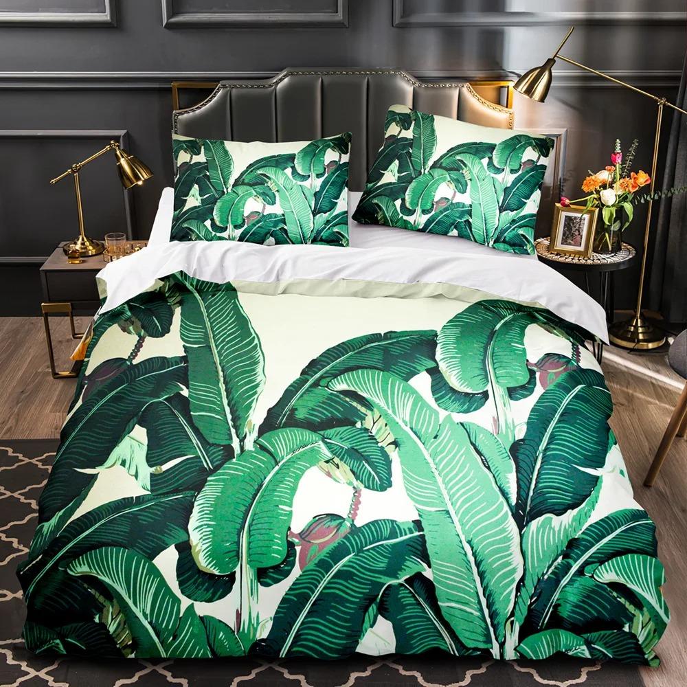 Tropical Plants Floral King Queen Duvet Cover Green Palm Leaves Bedding Set Cream-Colored Flowers 2-3Pcs Polyester Quilt Cover