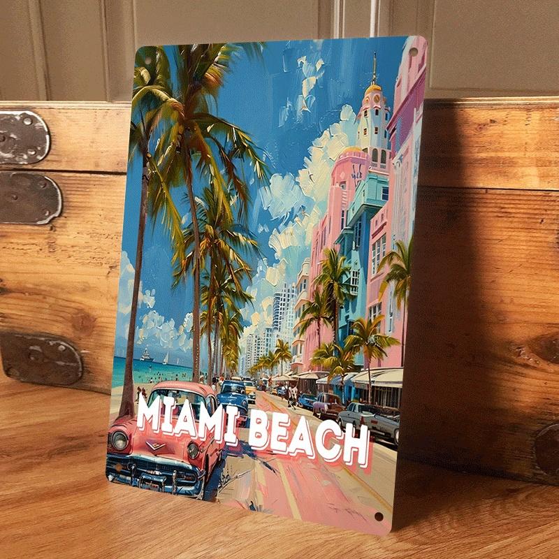 

1 item: Miami Beach Retro Tin Painting, Tropical Decorative Painting, American Street Art Mural, Home/Bar Wall Hanging, 2D Flat (as the picture,20x30cm)