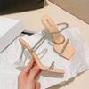 In the Summer of 25 Years, the New Rhinestone One-word with High-heeled Cool Slippers for Women's Thin-heeled Transparent Beautiful Silver High-heeled