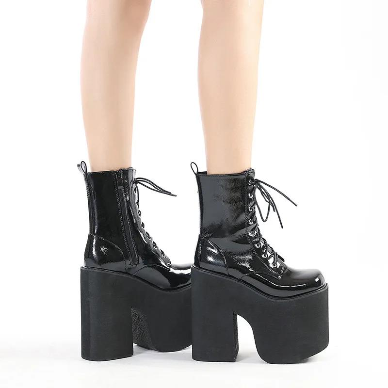 Fashion Buckle Strap Platform Boots Extreme High Heels Cool Punk Womens Mid Calf Boots Goth Shoes for Nightclub  Leather