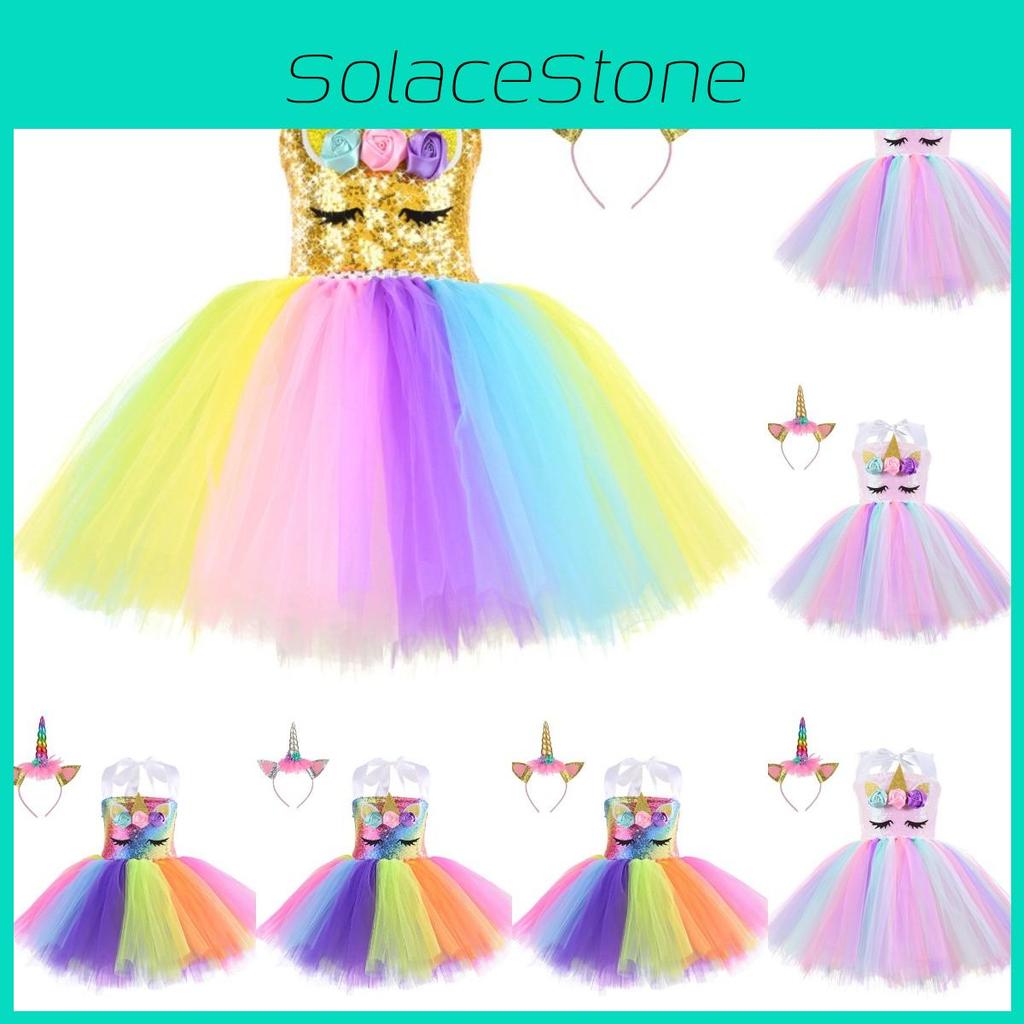Unicorn Cosplay Girls Dress With Rainbow Pattern For Halloween Party