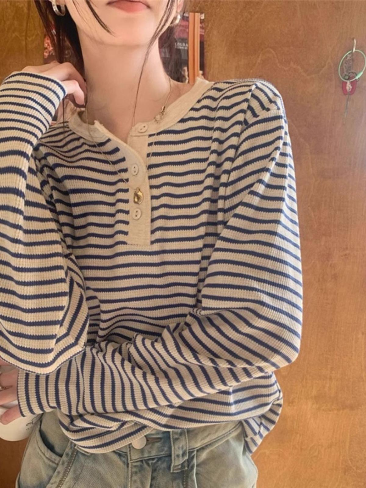 

Женский трикотажный топ в корейском стиле на осень, в полоску, с длинным рукавом - свободного кроя One Size