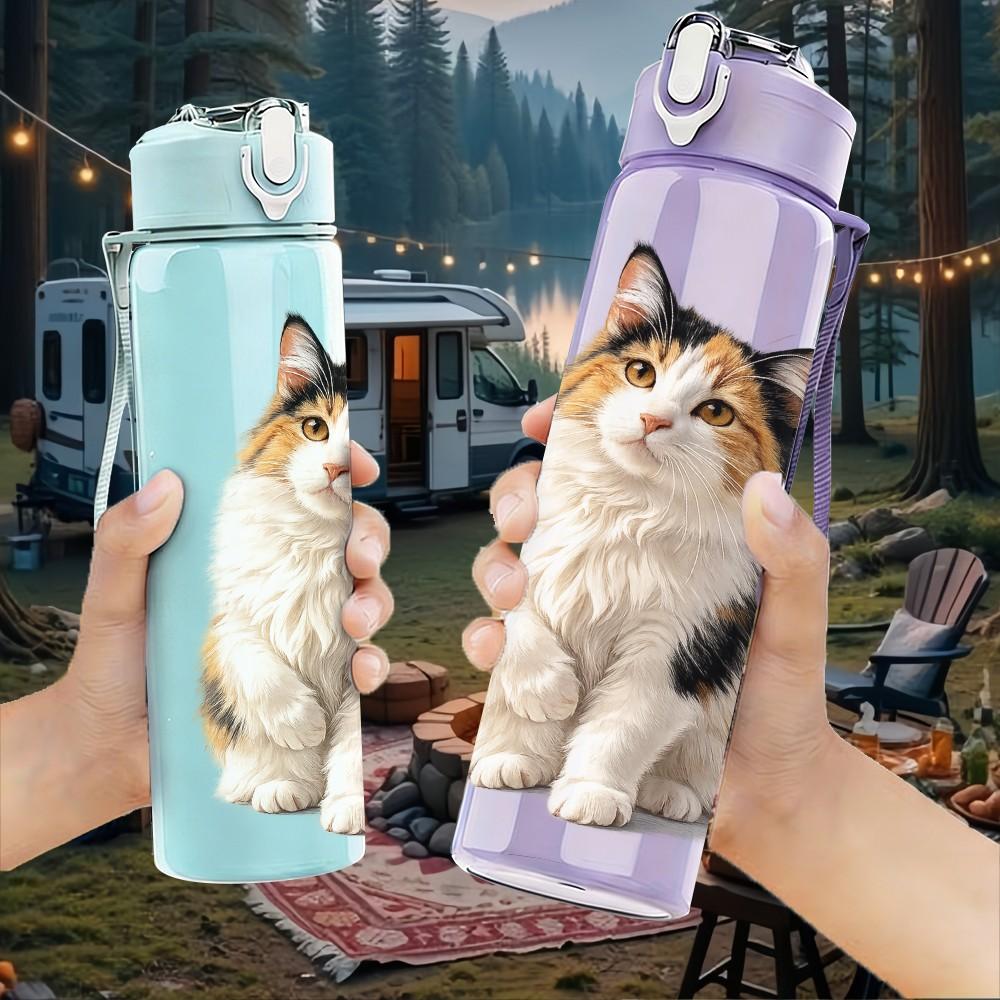 1PC Simple White Kitten Cat Pattern 750ml Color Plastic Sports Water Bottle Leakproof Flip Straw Lid Suitable for Sports Office Home Use