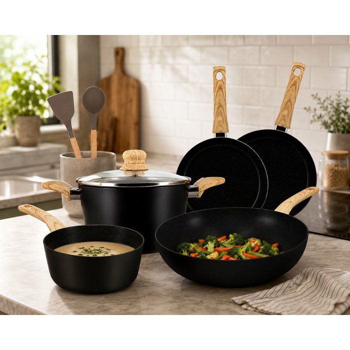 Batterie de cuisine induction - MENASTYL - Colorama Noir - Aluminium recyclé - Revetement antiadhésif - 9 pieces - Design moderne