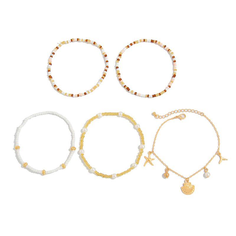 

5-Piece Set of Starfish, Scallop, and Rice Bead Anklets, European and American Trendy Fashion Accessories for Beach Travel and Vacation Color mixing