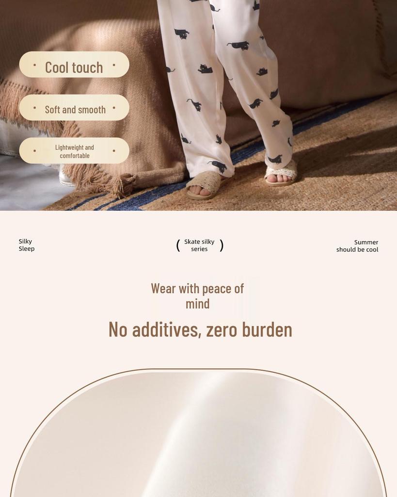 Damen-Eis-Seiden-Pyjama-Set mit Katzenmuster, langärmelig, für Frühling/Sommer - Koreanischer Stil für zierliche Frauen