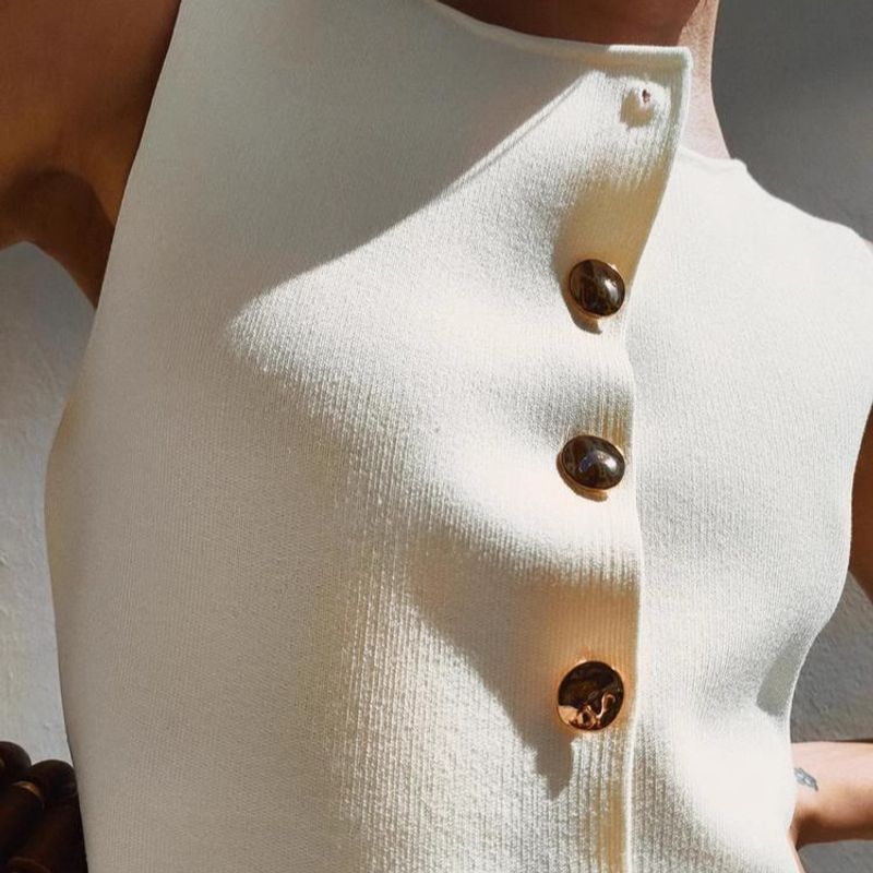 Spring New Women's Clothing Fashion All-Match Golden Button Plain Stitch Sleeveless French Vest Tops 4192100