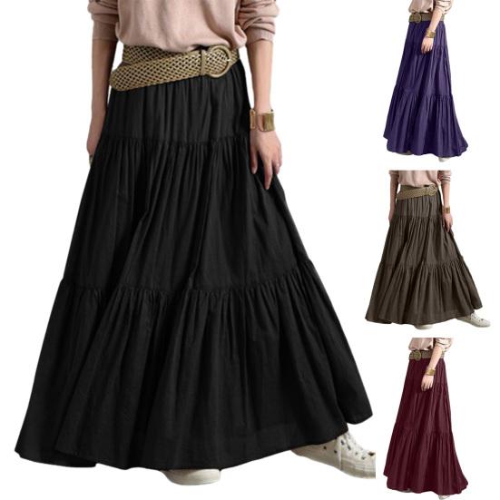 Women Maxi Skirt High Waist Ruffle Splicing Large Hem Long Skirt Pure Color
