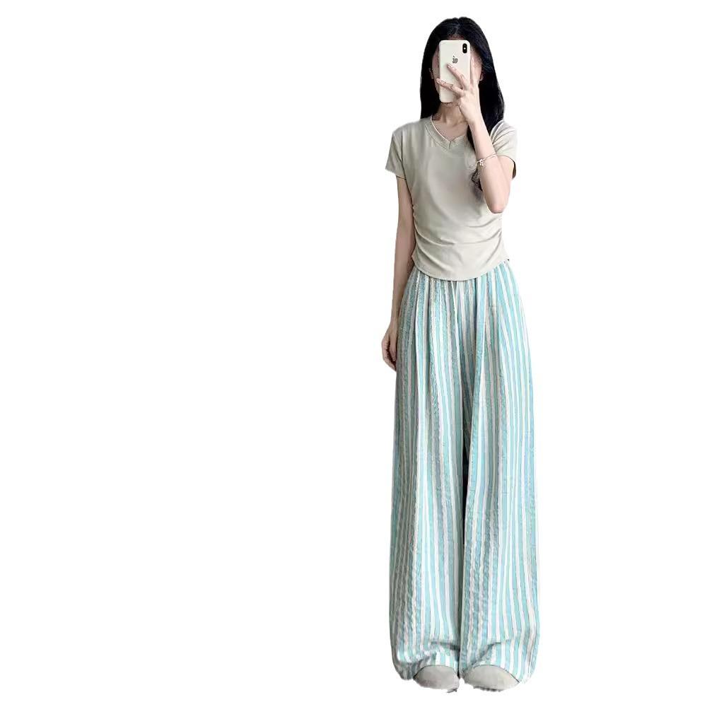

Мятные полосатые брюки мамбо для женщин на лето тонкие с высокой талией приспущенные повседневные прямые изо льда шелка ленивые Ямамото широкие брюки 4XL