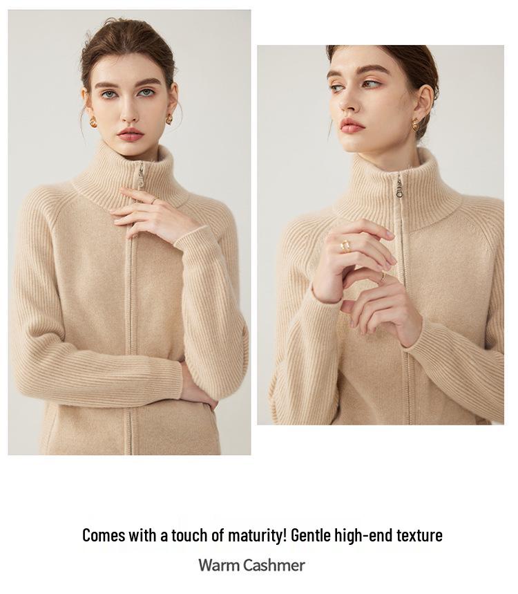 Women's Elegant Cashmere Cardigan: Winter 2026, Double Zipper, Loose Fit, Lapel Base Layer, Warm Outerwear