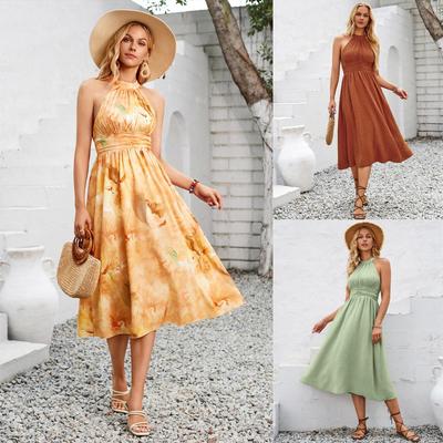 Women Spring Solid Color Sleeveless Halter Dress Summer Casual A-Line High Waist Print Middle Long Dresses S-XL