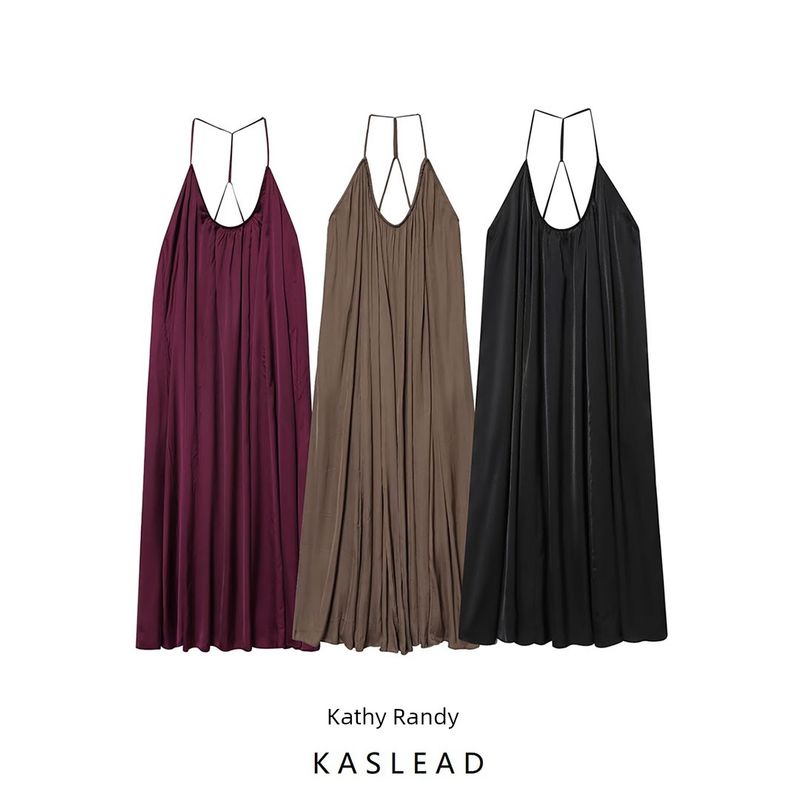 Kaslead New Women clothes Western Style Fashion Simple Silk Satin Texture Long Dress 8040019