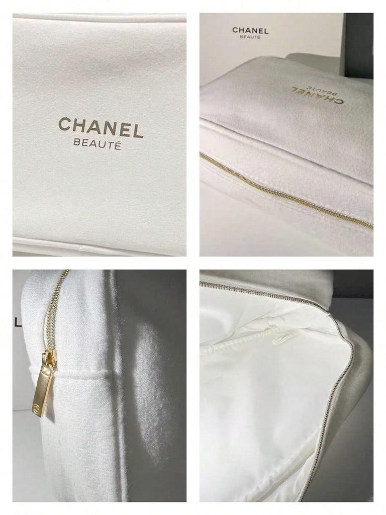 Weiße CHANEL BEAUTÉ Rechteckige Schminktasche, Reißverschluss in Gold, Kosmetiktasche für Reisen, Luxusmarke Beauty-Accessoire
