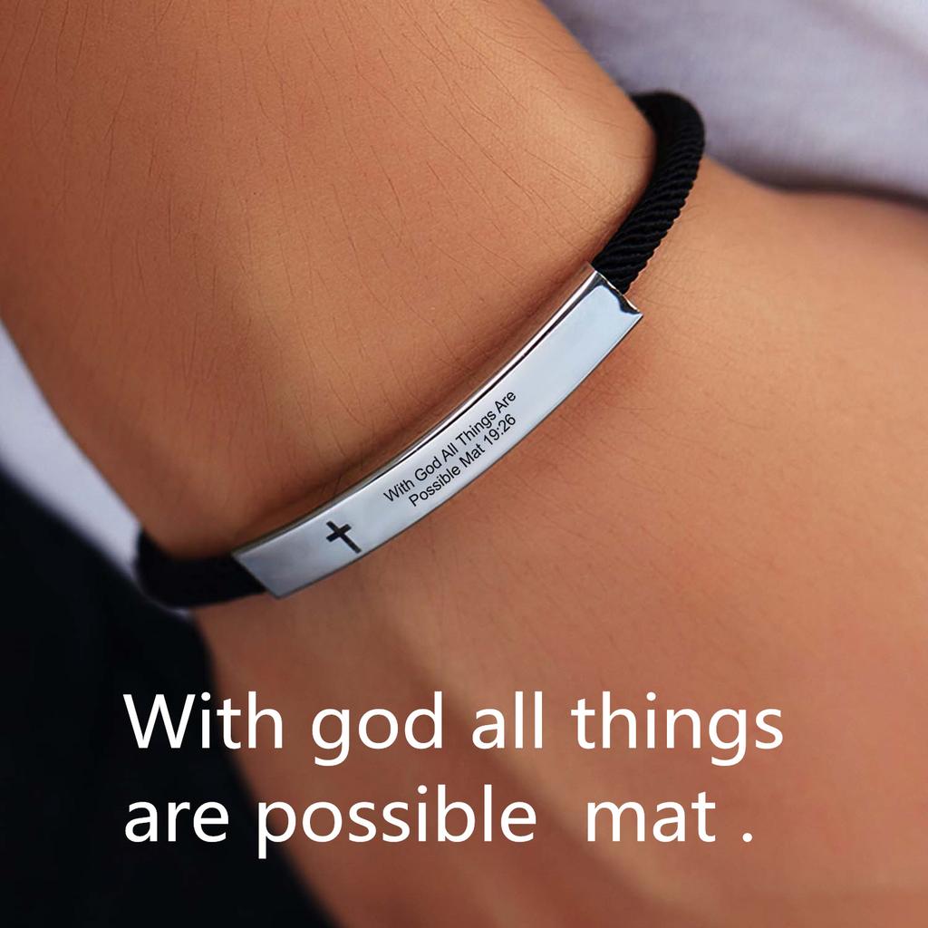 Cross Jesus Scripture Quote Bracelet Christian Bible Verse Engraved Letters Stainless Steel Bracelets Braided Rope Wristband