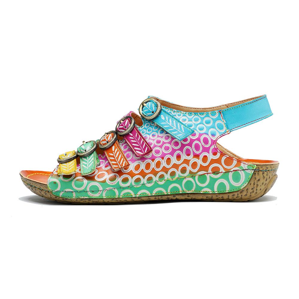 Johnature Echtes Leder Retro Damen Schuhe Sommer Farbe flache Sandalen Komfort atmungsaktive handbemalte Strandsandalen