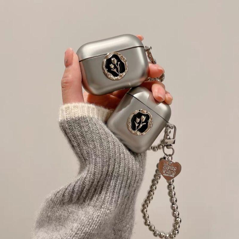 

Case for Apple 4 Generation Wireless Bluetooth Earbuds Case 2 Generation Chain Women s Airpods3 Generation Earphone Sleeves 5 Generation Soft Case Airpods Pro Frosted Silver Black Tulip + Bracelet
