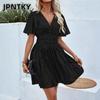 JPNTKY Moda Verano Primavera Color Sólido Estampado Manga Corta Cuello en V Vestidos Casuales