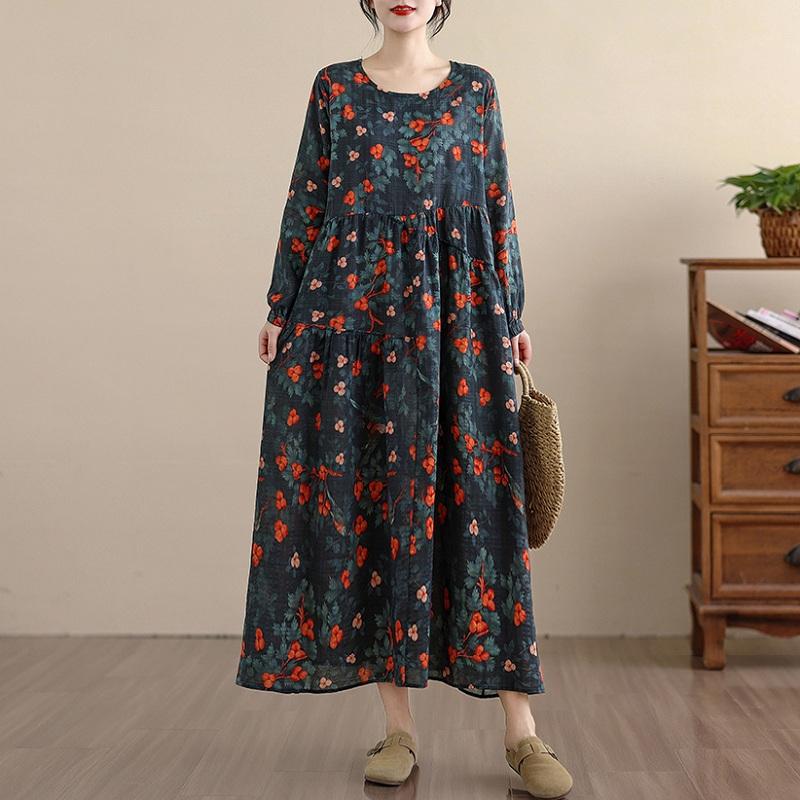 Long Sleeve Plus Size Cotton Vintage Floral New In Dresses for Women Casual Loose Spring Summer Autumn Dress