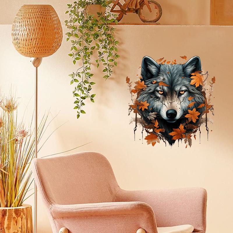 Thanksgiving Maple Leaf Wolf Head Stickers Self Adhesive Wall Decoration for Bedroom Door Bedhead Background Home Decore